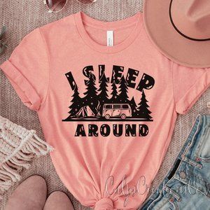 I sleep around funny camping outdoors adventure style womens short sleeve tee